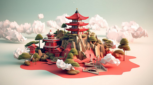 卡通岛屿背景图片_低聚风格 3D 渲染中的日本岛屿景观