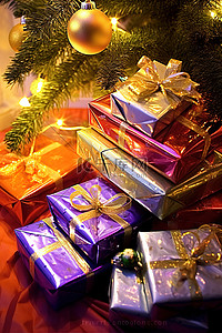 圣诞背景图片_圣诞树下一堆银色和红色的礼物