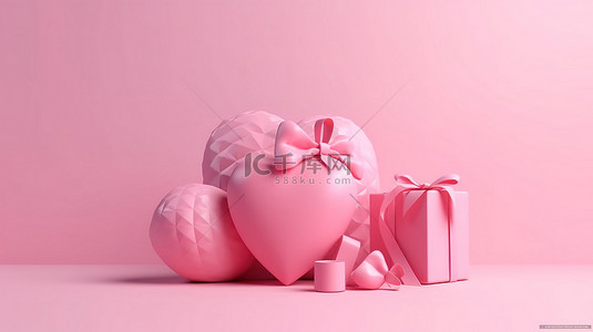 卡通粉红色心形礼物图标 3D 渲染模型和网页横幅