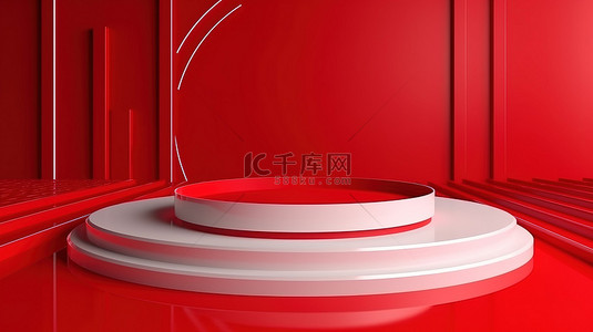 3d 渲染中的红色和白色产品阶段，具有用于横幅设计的多功能红色背景