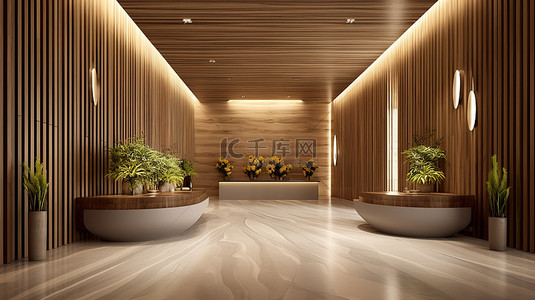 木质板条墙入口大厅，中央餐桌装饰 3D 渲染
