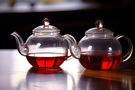 桌子上的两个红色玻璃水壶