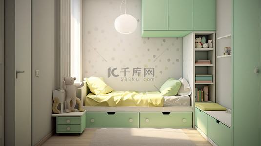 淘气男孩子背景图片_一间纤细的现代风格儿童房，配有浅绿色床和 3D 渲染的衣柜
