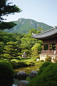 长廊文化背景图片_亚洲花园和山脉