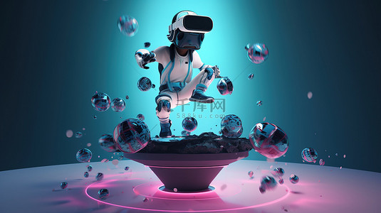 零重力 3D 渲染中带有操纵杆和 VR 眼镜的虚拟现实头像