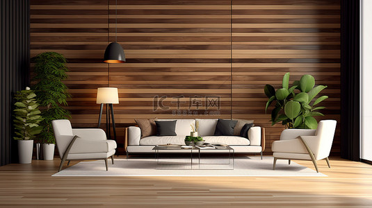 现代客厅设计与时尚的板条木墙 3D 概念