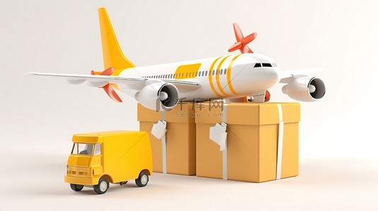 玩具喷气式飞机，带有快速交付标志和货箱，在 3D 渲染的白色背景上呈现未来主义概念插图