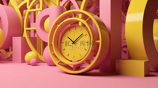 手表图标背景图片_3D 渲染图标中带有圆形黄色时钟符号的粉红色背景透视图