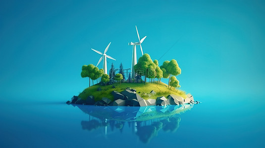 蓝色背景下有风车树和草的低聚岛的可持续生活 3D 渲染