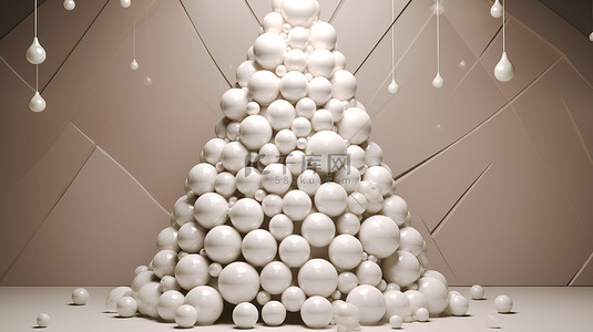 圣诞快乐树形墙背景，带有 3D 渲染的白色珍珠球