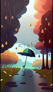 下雨雨滴背景图片_树林小路草地下雨的卡通可爱背景