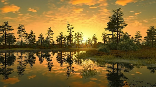 令人惊叹的 3D 渲染湖，反射着日出，周围环绕着郁郁葱葱的绿树和金色的草