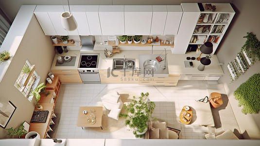 现代 3D 工作室公寓，带浅色调厨房顶视图