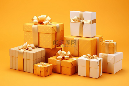 黄色背景上各种金色包装的礼物