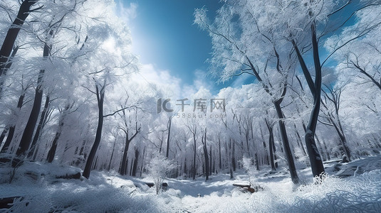 雪森林背景图片_白雪皑皑的 3D 森林仙境，蓝天和飘落的雪花