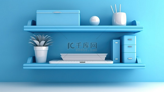蓝色墙架的 3d 插图与计算机桌面背景