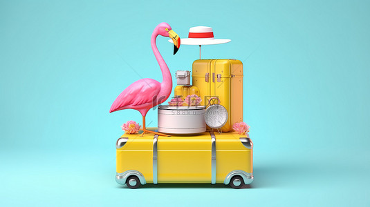 黄色漂浮物背景图片_火烈鸟漂浮物的 3D 渲染，带有行李，柔和的黄色和蓝色背景，非常适合夏季旅行