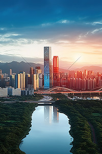 台北天际线背景图片_日落时的城市景观与靠近水的台北天际线