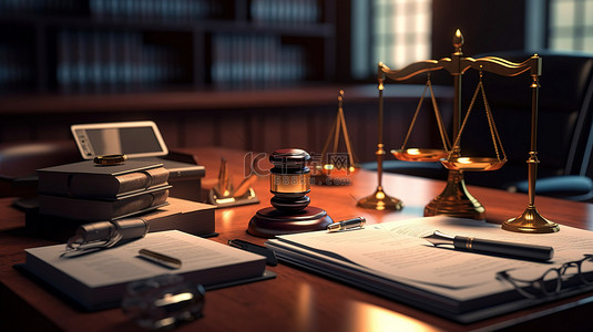司法木槌背景图片_律师办公桌的 3d 渲染，配有法官的木槌司法尺度和剪贴板纸