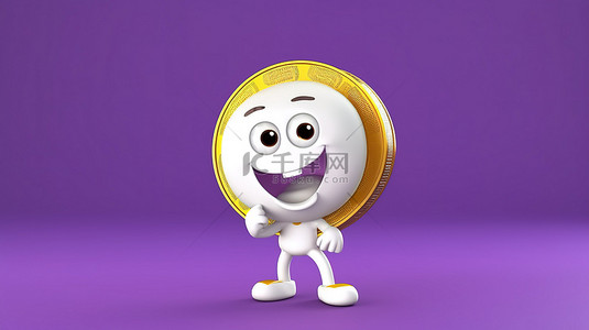 动画背景图片_紫色背景下抓着金币的动画白色人物的 3D 渲染