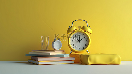 学习背景图片_教育主题黄色闹钟 3d 渲染，带有一摞书供您的模型设计
