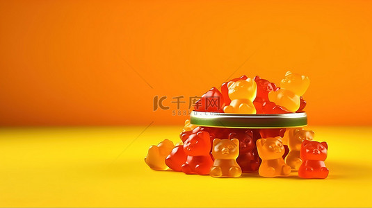 水果小熊背景图片_橙色背景下果冻软糖豆和甜软糖熊的橙色喜悦 3D 渲染