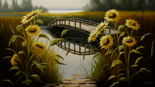 水彩风景背景图片_向日葵小桥河流