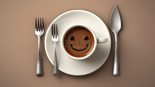 板咖啡杯和卡通巧克力微笑的顶视图 3D 渲染，附近有叉子和刀