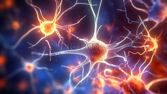 描绘神经元细胞中电脉冲的 3D 插图