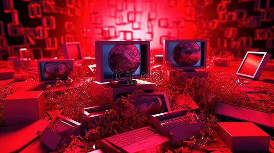 恶意软件警报 3D 渲染的计算机符号被危险标志黑客攻击