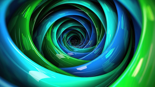 螺旋状的光泽蓝色和绿色，引人注目的 3D 抽象插图