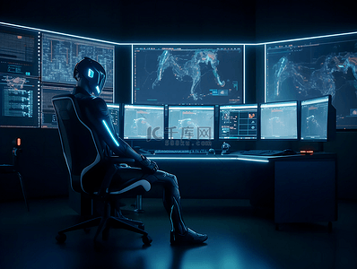 电脑数据科技背景背景图片_机器人计算机房高科技数据处理广告背景