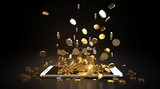 在线商务营销 3d 智能手机屏幕向空中喷出金币