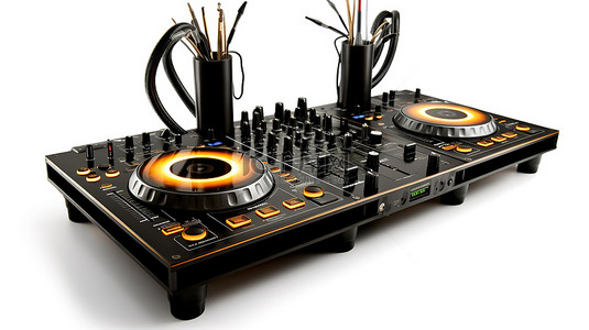 玩大转盘背景图片_白色背景上带耳机的 DJ 转盘的 3D 渲染