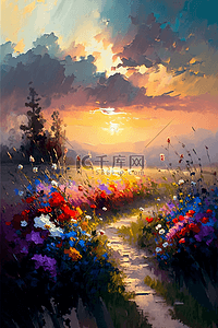 欧式背景复古背景图片_鲜花草地山水阳光里的花园花卉油画背景
