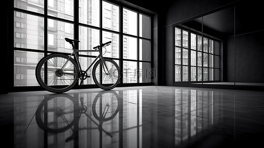 城市锻炼黑色自行车 3D 渲染反映在城市窗户靠墙