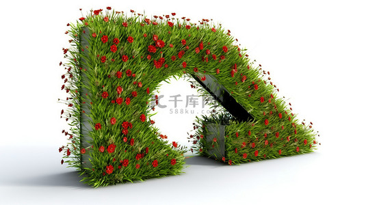 在郁郁葱葱的草地和红色花朵中的 at 标志电子邮件符号的 3D 渲染