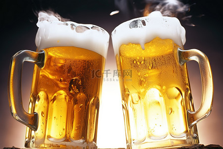 两个啤酒杯着火了，每个杯子上都有泡沫
