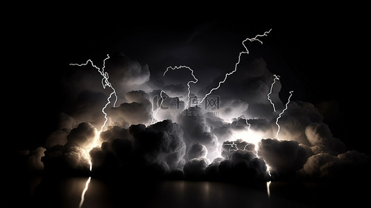 黑色背景图片_黑色背景上的天气预报图标，带有闪电和云的 3D 插图