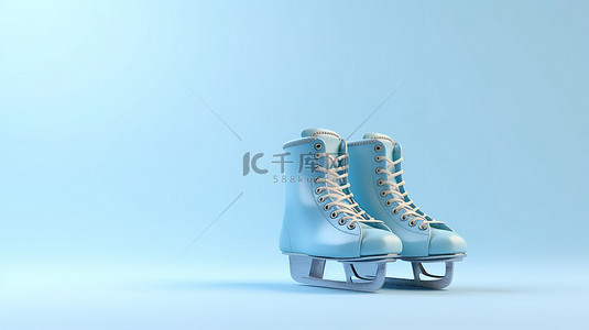 以 3D 渲染的创意布局显示的淡蓝色花样滑冰鞋
