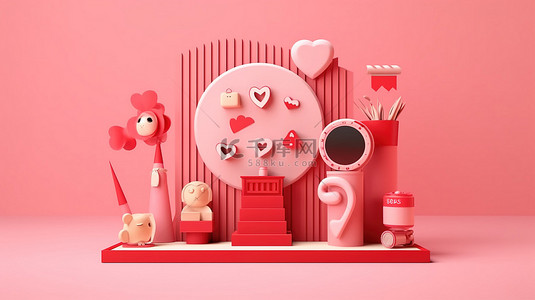 3D 渲染的粉红色背景，配有卡通红色展示架，装饰着可爱的物品