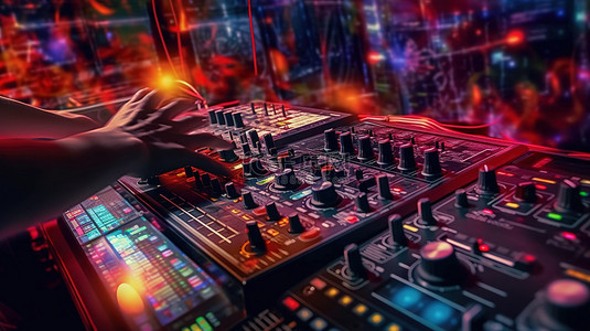 专业 DJ 通过 3D 故障效果控制夜总会派对上的音乐