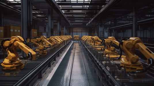 机械工厂背景图片_3d 渲染中的工厂自动化机械臂和输送线