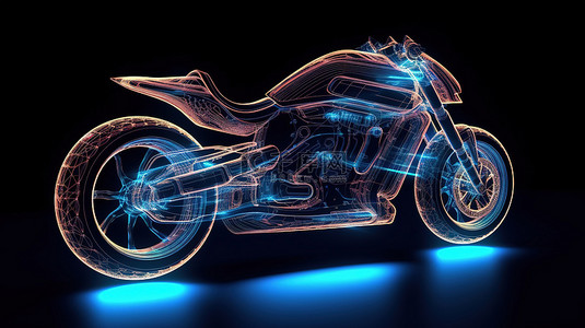 摩托车白模背景图片_结合代表交通和技术进步的发光点和线条的未来摩托车的 3D 插图