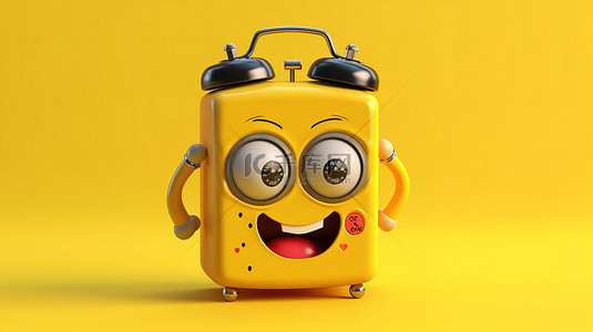 带可充电电池的闹钟吉祥物的黄色背景 3D 渲染