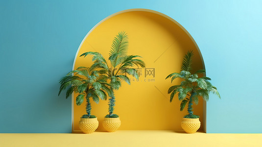 竹框背景图片_向日葵彩色拱窗和绿化在蓝墙背景 3D 渲染下的简单视图