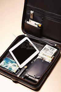 电子阅读器背景图片_商务旅行箱装有电子阅读器护照和笔