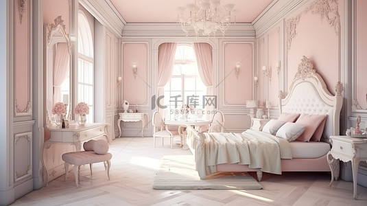 新古典主义风格卧室的 3D 渲染，色调柔和，配有宽敞的床和配有电视的梳妆台，带来极致奢华