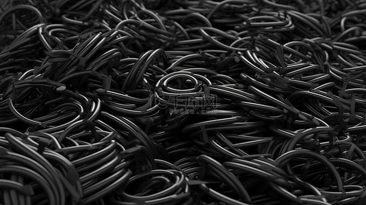 覆盖背景的一堆黑色交织电线的 3D 渲染插图