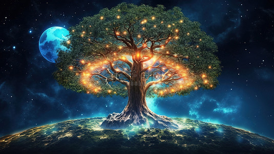 地球背景图片_强大的生命之树在 3D 中弥合了地球和天空之间的差距